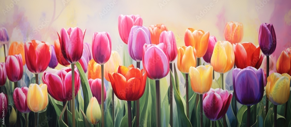 Vibrant tulip field showcasing a colorful display of spring blooms with hues of red, yellow, purple, and pink under a soft pastel background Vibrant tulip field showcasing a colorful display of spring blooms with hues of red, yellow, purple, and pink under a soft pastel background