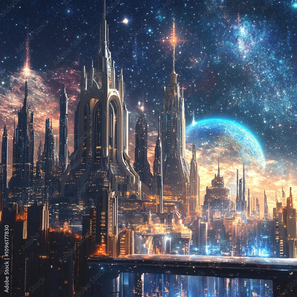 Fototapeta premium Futuristic Cityscape with Towering Skyscrapers, Cosmic Elements, and a Distant Planet in a Starry Night Sky with an Ethereal Glow