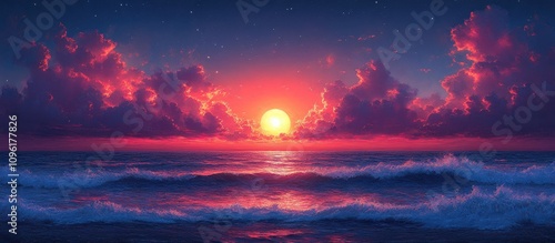 Vibrant sunset over calm ocean waves with colorful clouds creating a serene dusk atmosphere by the shore.