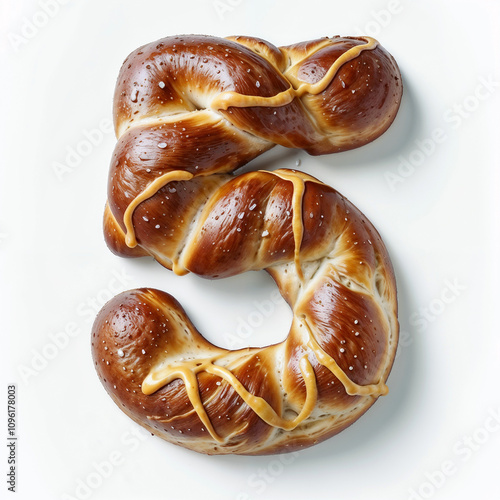 Golden Brown Pretzel '5' With Mustard Drizzle On White Background