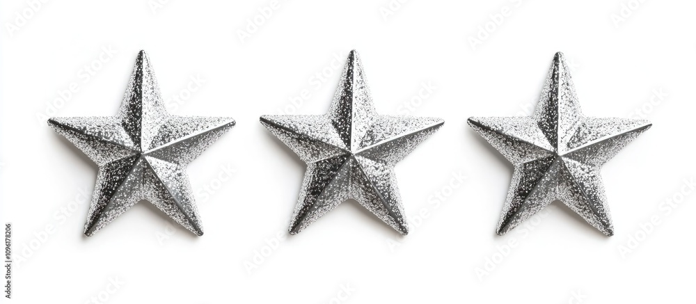 Obraz premium Silver glitter Christmas star stickers arranged on a white background for festive decoration and holiday craft projects.
