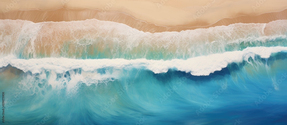 Aerial view of crystal clear ocean waves reaching a sandy beach under bright sunlight Aerial view of crystal clear ocean waves reaching a sandy beach under bright sunlight