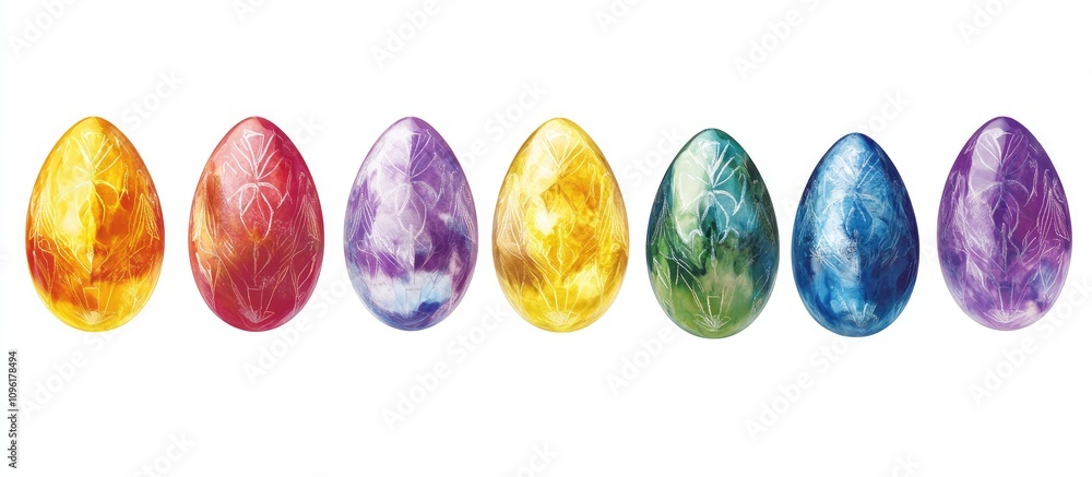 Vibrant collection of colorful Easter eggs arranged in a row against a clean white background showcasing bright festive designs. Vibrant collection of colorful Easter eggs arranged in a row against a clean white background showcasing bright festive designs.