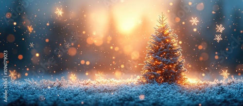 Winter landscape featuring a decorated tree with snowflakes, glowing lights, and a serene sunset backdrop for festive celebrations.