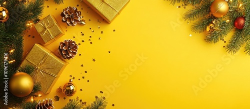 Golden Christmas decorations with gift boxes and ornaments on a yellow backdrop showcasing a festive flat lay design for holiday celebrations. photo