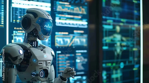 A futuristic robot stands in front of digital screens displaying data and analytics, symbolizing advanced technology.