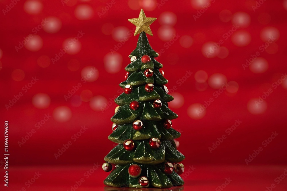 A small Christmas tree decorated with red and gold ornaments stands on a red background with warm bokeh lights. Christmas tree is standing on a red background Decorated with red and gold A small Christmas tree decorated with red and gold ornaments stands on a red background with warm bokeh lights. Christmas tree is standing on a red background Decorated with red and gold
