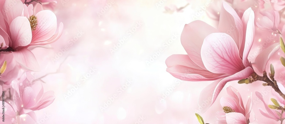 Naklejka premium Magnolia flowers in full bloom creating a serene and elegant botanical background perfect for spring themed designs or personal projects.