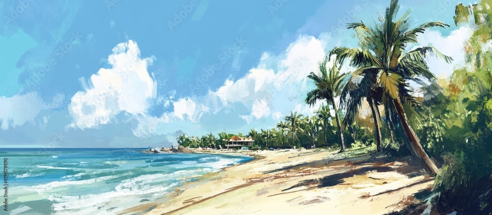 Obraz premium Tropical coastal resort beach scene with palm trees and vivid blue sky ideal for vacation and travel marketing campaigns.