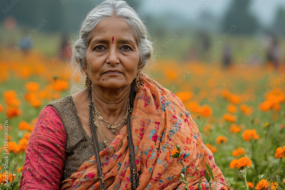 Elderly woman in traditional sari amidst vibrant marigold field Elderly woman in traditional sari amidst vibrant marigold field
