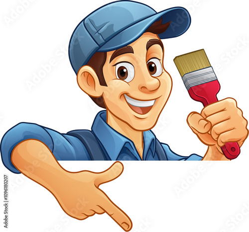 A painter decorator handyman cartoon mascot man holding a paint brush and pointing