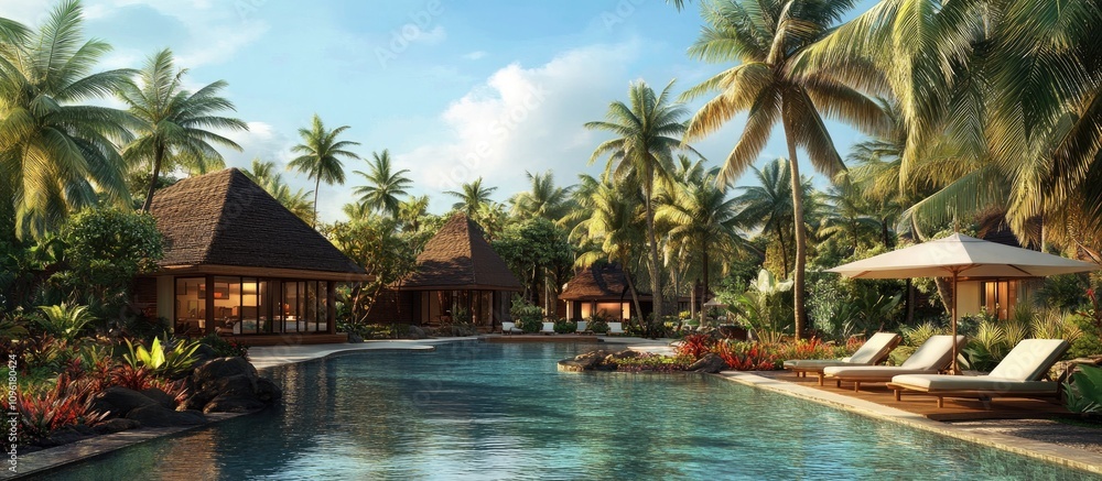 Fototapeta premium Exotic resort landscape with palm trees and tranquil pool surrounded by lush greenery and tropical architecture