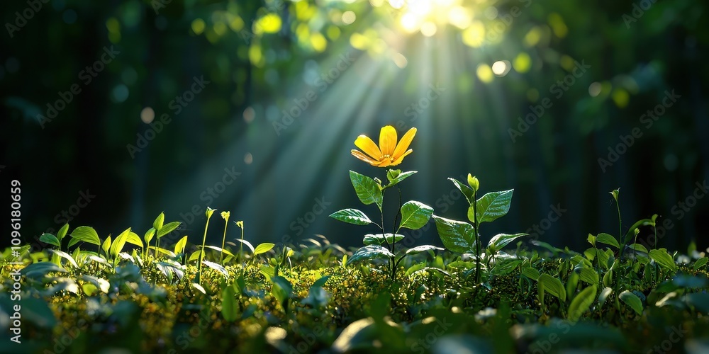 Fototapeta premium A vibrant yellow flower stands alone in a lush, green forest, illuminated by soft rays of sunlight breaking through the trees.