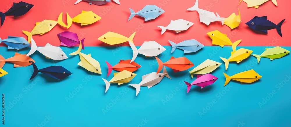 Colorful paper fish and sticky notes creatively arranged on a vibrant background showcasing creativity and fun in arts and crafts activities Colorful paper fish and sticky notes creatively arranged on a vibrant background showcasing creativity and fun in arts and crafts activities