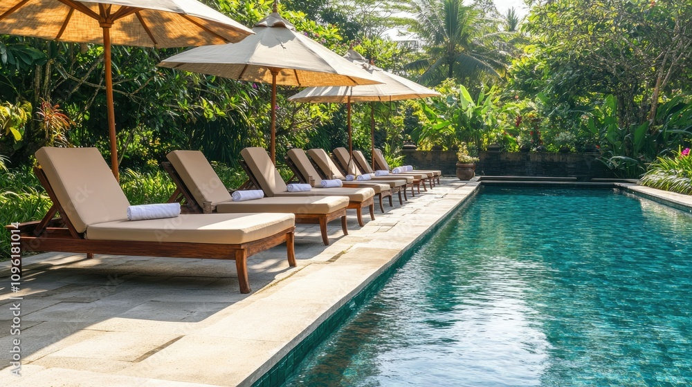 Obraz premium Serene Outdoor Pool Area with Sun Loungers and Tropical Vegetation