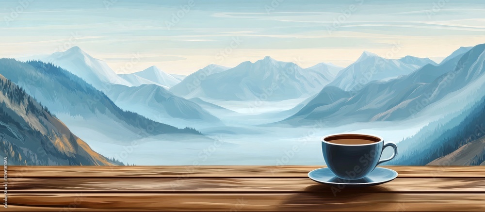 Serene morning coffee on a wooden table overlooking misty mountains and tranquil fog-filled valleys in a beautiful landscape setting. Serene morning coffee on a wooden table overlooking misty mountains and tranquil fog-filled valleys in a beautiful landscape setting.