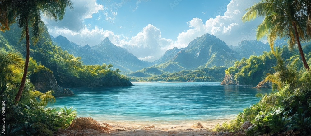 Fototapeta premium Serene Tropical Paradise with Lush Green Mountains and Tranquil Waterfront View