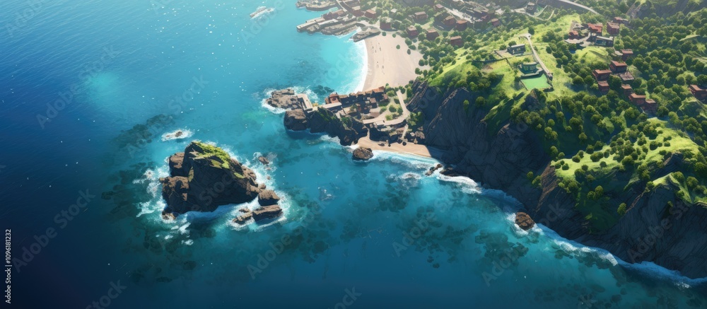 Fototapeta premium Aerial view of a stunning coastal landscape featuring pristine blue waters and sandy beaches surrounded by lush green hills