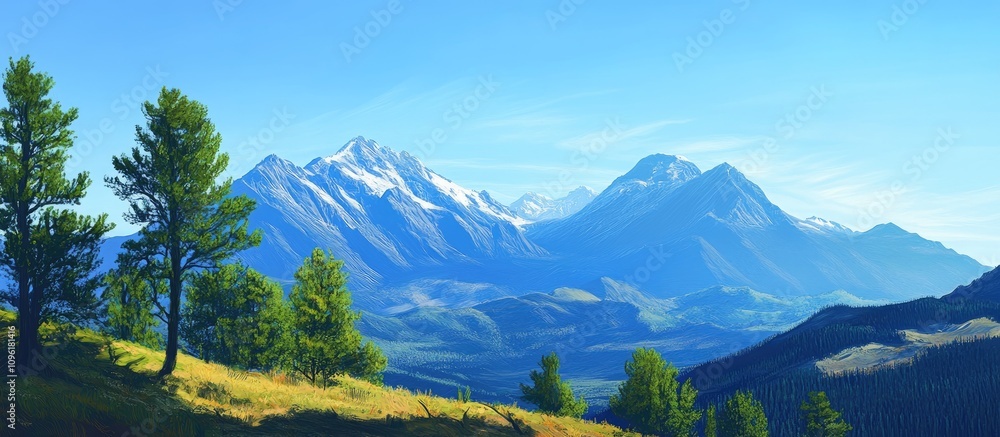 Fototapeta premium Majestic mountain landscape under a clear blue sky showcasing lush greenery and distant snow-capped peaks in a serene natural setting