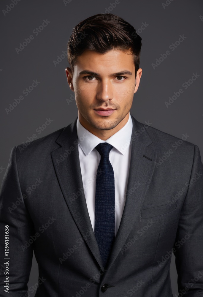 Portrait of a confident man, wearing a sharp business suit, dark tie, professional appearance, studio lighting, neutral background, formal attire, clear skin, elegant style, dark hair, deep gaze, mode Portrait of a confident man, wearing a sharp business suit, dark tie, professional appearance, studio lighting, neutral background, formal attire, clear skin, elegant style, dark hair, deep gaze, mode