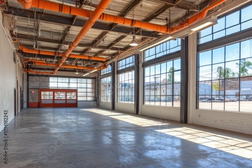 Spacious industrial interior with large windows and orange piping, suitable for various uses.