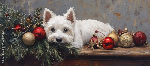 West Highland White Terrier relaxing among festive decorations and greenery during the holiday season