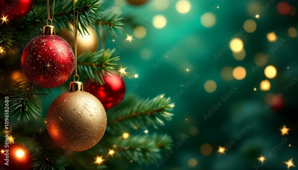 Square banner with gold and red Christmas symbols and text. Christmas tree, balls, golden tinsel confetti and snowflakes on a green background. Happy Holidays Greeting Cards Square banner with gold and red Christmas symbols and text. Christmas tree, balls, golden tinsel confetti and snowflakes on a green background. Happy Holidays Greeting Cards