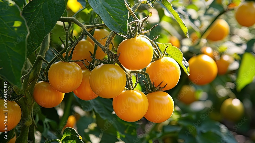 Fresh Yellow Tomatoes Growing on Vivid Green Leaves Under Sunlight Fresh Yellow Tomatoes Growing on Vivid Green Leaves Under Sunlight