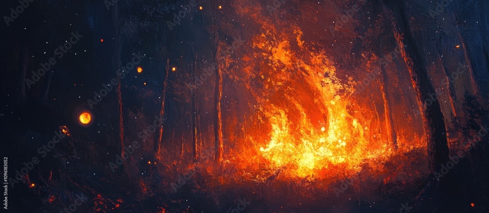 Dramatic fire and flames illuminating a dark forest at night creating a vivid and intense atmosphere for artistic backgrounds Dramatic fire and flames illuminating a dark forest at night creating a vivid and intense atmosphere for artistic backgrounds