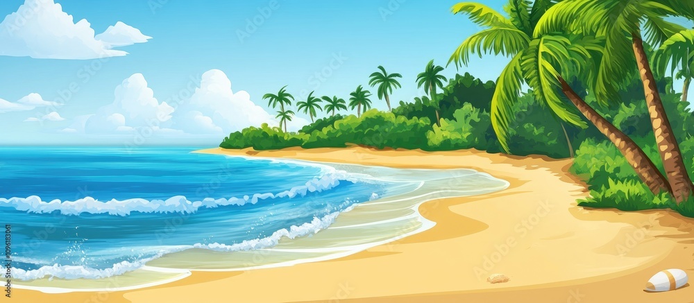 Fototapeta premium Tropical beach landscape with palm trees and gentle waves under a bright blue sky ideal for summer vacation themes and relaxation imagery