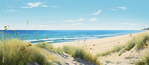 Serene coastal landscape featuring golden sand beach, gentle waves, and lush green grass under a clear blue sky on a bright sunny day. photo