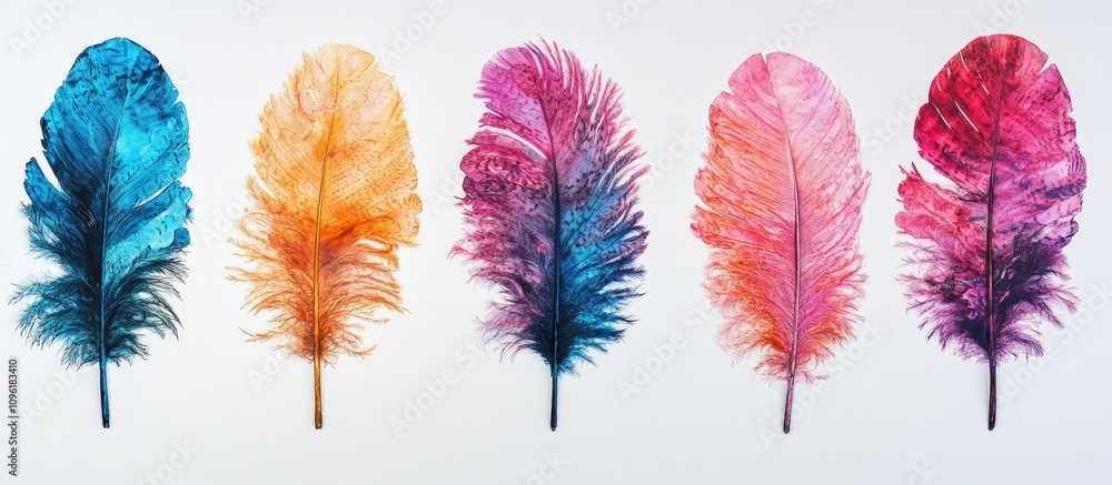 Vibrant multicolored ostrich feathers displayed in a row on a clean white background for creative design inspiration Vibrant multicolored ostrich feathers displayed in a row on a clean white background for creative design inspiration