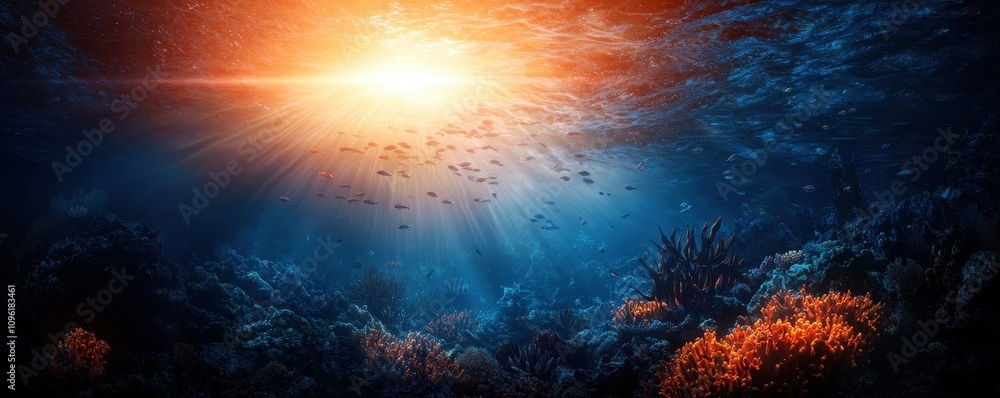 A serene underwater scene illuminated by sunlight, showcasing vibrant coral and fish, evoking tranquility and the beauty of marine life. A serene underwater scene illuminated by sunlight, showcasing vibrant coral and fish, evoking tranquility and the beauty of marine life.