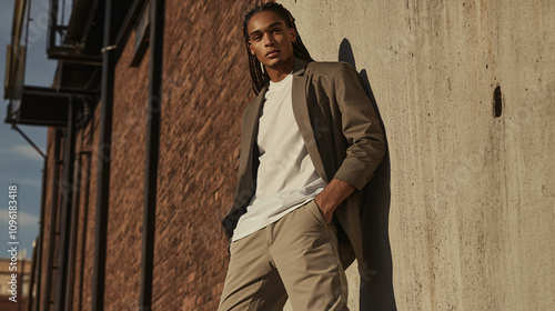 Urban Cool: A Man Leans Against a Concrete Wall, Casual Yet Confident, His Braided Hair Adding to His Edgy Style.