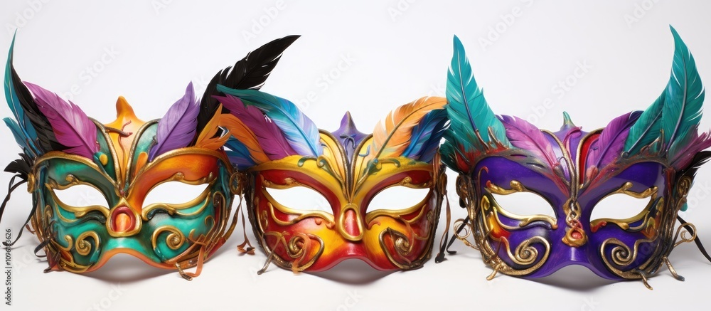 Vibrant Mardi Gras masks with intricate designs and feathers displayed against a clean white background Vibrant Mardi Gras masks with intricate designs and feathers displayed against a clean white background