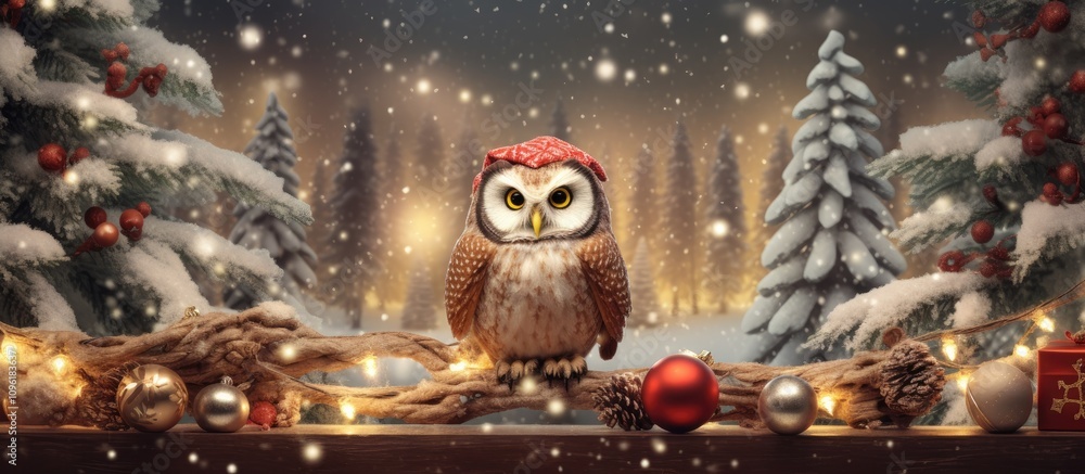 Cozy winter scene with an owl decoration amidst a beautifully decorated Christmas tree and festive elements in a snowy landscape. Cozy winter scene with an owl decoration amidst a beautifully decorated Christmas tree and festive elements in a snowy landscape.