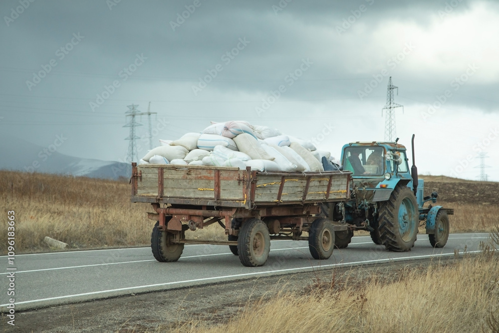 Obraz premium Tractor carrying sacks of produce along a road.