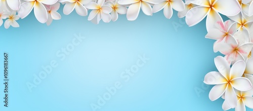 Artificial plumeria flower frame with space for text on a serene light blue background perfect for invitations and greetings