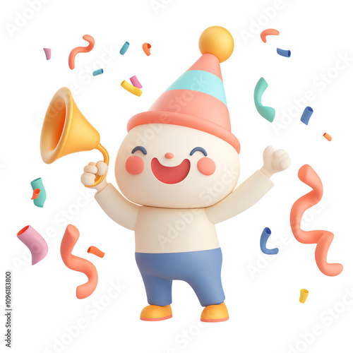 Cheerful Cartoon Character Celebrating with Confetti and Horn