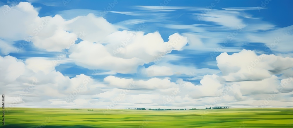 Rural landscape with vibrant green fields and a bright blue sky filled with fluffy white clouds conveying tranquility and natural beauty Rural landscape with vibrant green fields and a bright blue sky filled with fluffy white clouds conveying tranquility and natural beauty