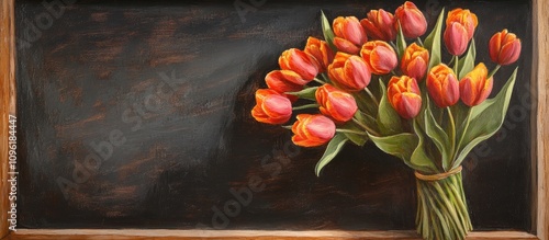 Vibrant tulip bouquet against a blackboard background showcasing color contrast and floral beauty in a classroom setting photo