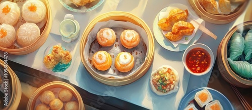 Wallpaper Mural Delicious variety of dim sum served in bamboo steamers with dipping sauces highlighting traditional Asian culinary delights Torontodigital.ca