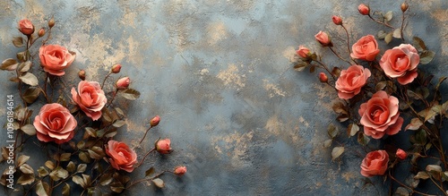 Vintage pink roses backdrop with a grey concrete background featuring floral arrangements and ample space for custom text designs.
