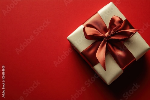 A stylishly wrapped gift with a rustic twine ribbon, placed on a deep red background.