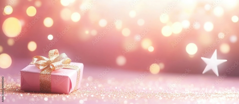 Blurred festive pink background with gold sparkles a star and a pink gift box ideal for celebrations and moments of joy with copy space Blurred festive pink background with gold sparkles a star and a pink gift box ideal for celebrations and moments of joy with copy space