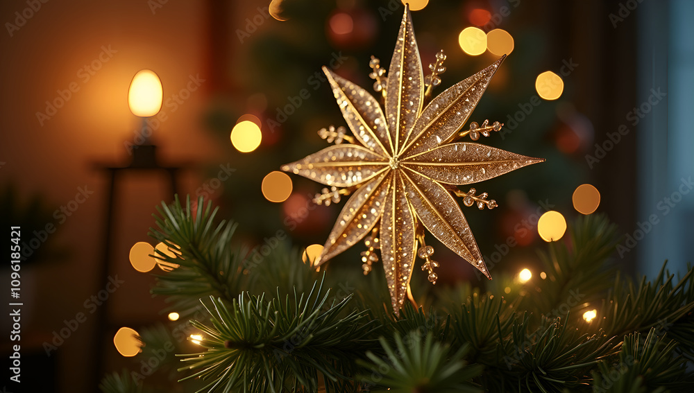 Dazzling Metal Tree Topper Amidst Fairy Lights Dazzling Metal Tree Topper Amidst Fairy Lights