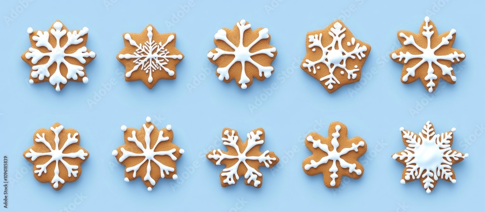 Christmas gingerbread snowflake cookies arranged on a blue backdrop ideal for festive holiday designs and sweet gift promotions Christmas gingerbread snowflake cookies arranged on a blue backdrop ideal for festive holiday designs and sweet gift promotions