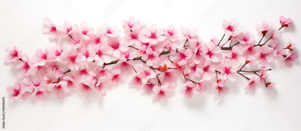 Almond tree pink flowers arranged artistically on a white background creating a floral inscription design for elegant decor or branding. Almond tree pink flowers arranged artistically on a white background creating a floral inscription design for elegant decor or branding.