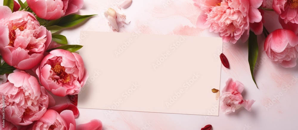 Obraz premium Postcard mockup with peonies floral arrangement on a soft pastel background for greeting card design and presentation display.