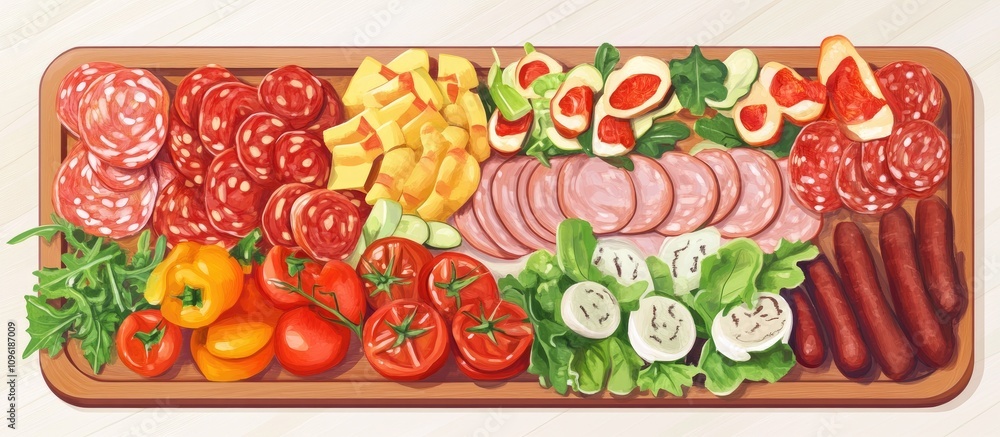 Assorted meat and cheese platter with salami, ham, fresh vegetables, and salad on a wooden tray ideal for gatherings and celebrations Assorted meat and cheese platter with salami, ham, fresh vegetables, and salad on a wooden tray ideal for gatherings and celebrations